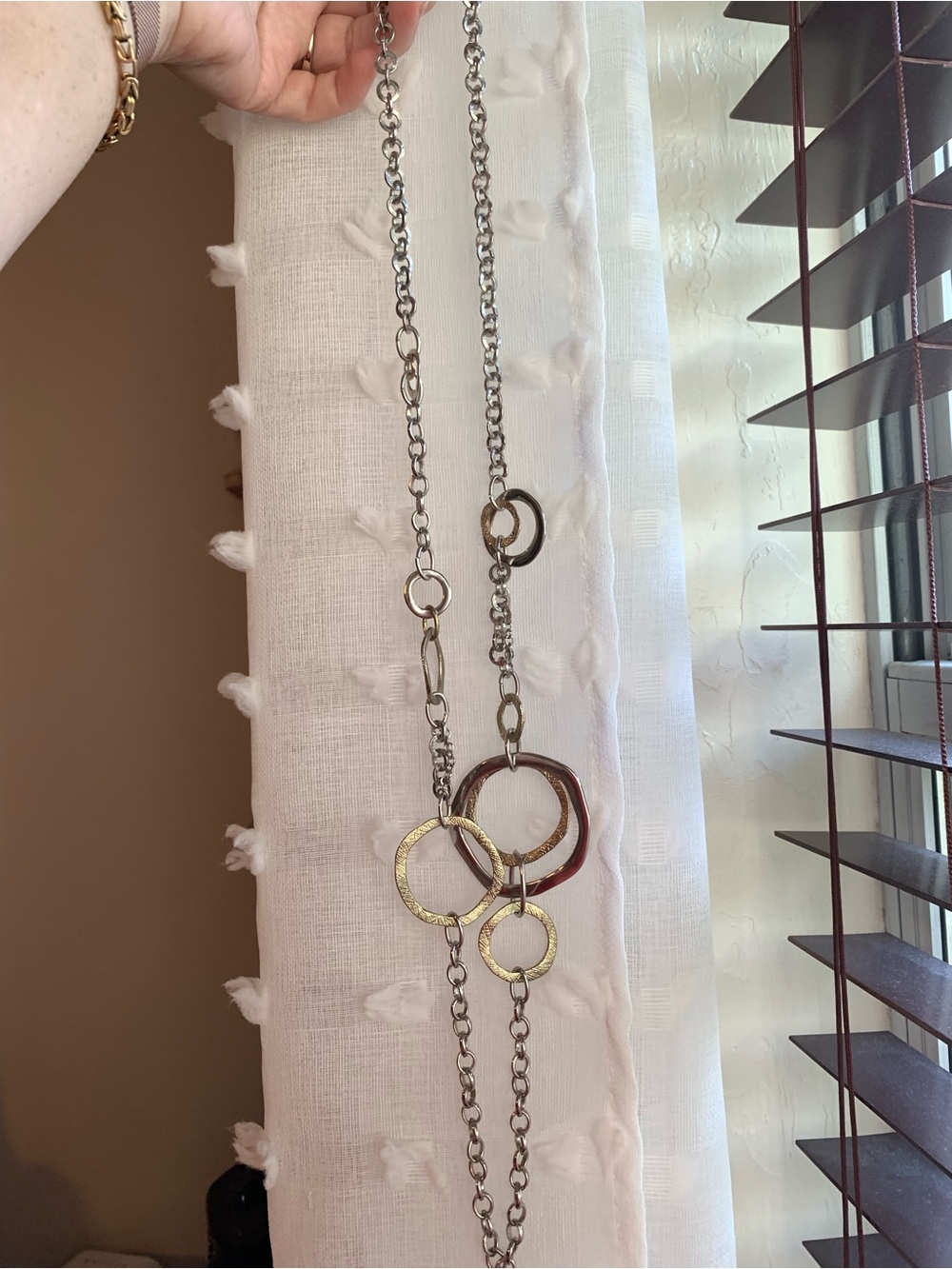 Long Silver & Gold Tone Chain Necklace with Interlocking Rings